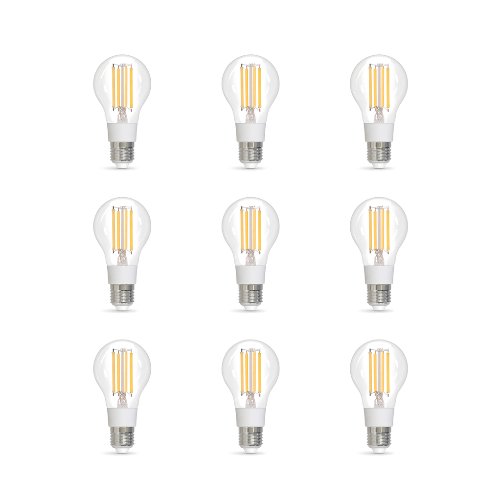 Lot de neuf ampoules LED filament E27 Matter 7W CCT sur fond blanc