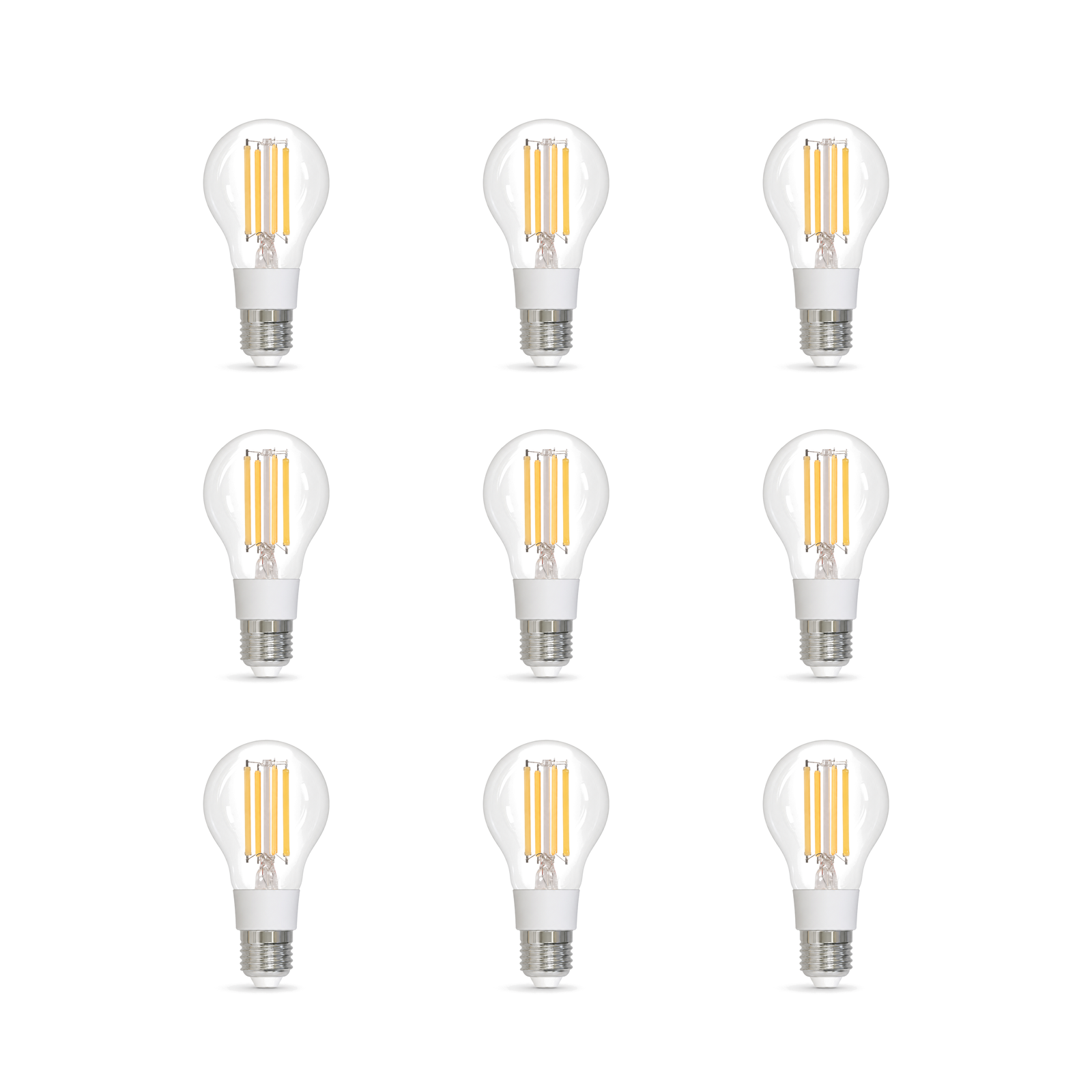 Lot de neuf ampoules LED filament E27 Matter 7W CCT sur fond blanc