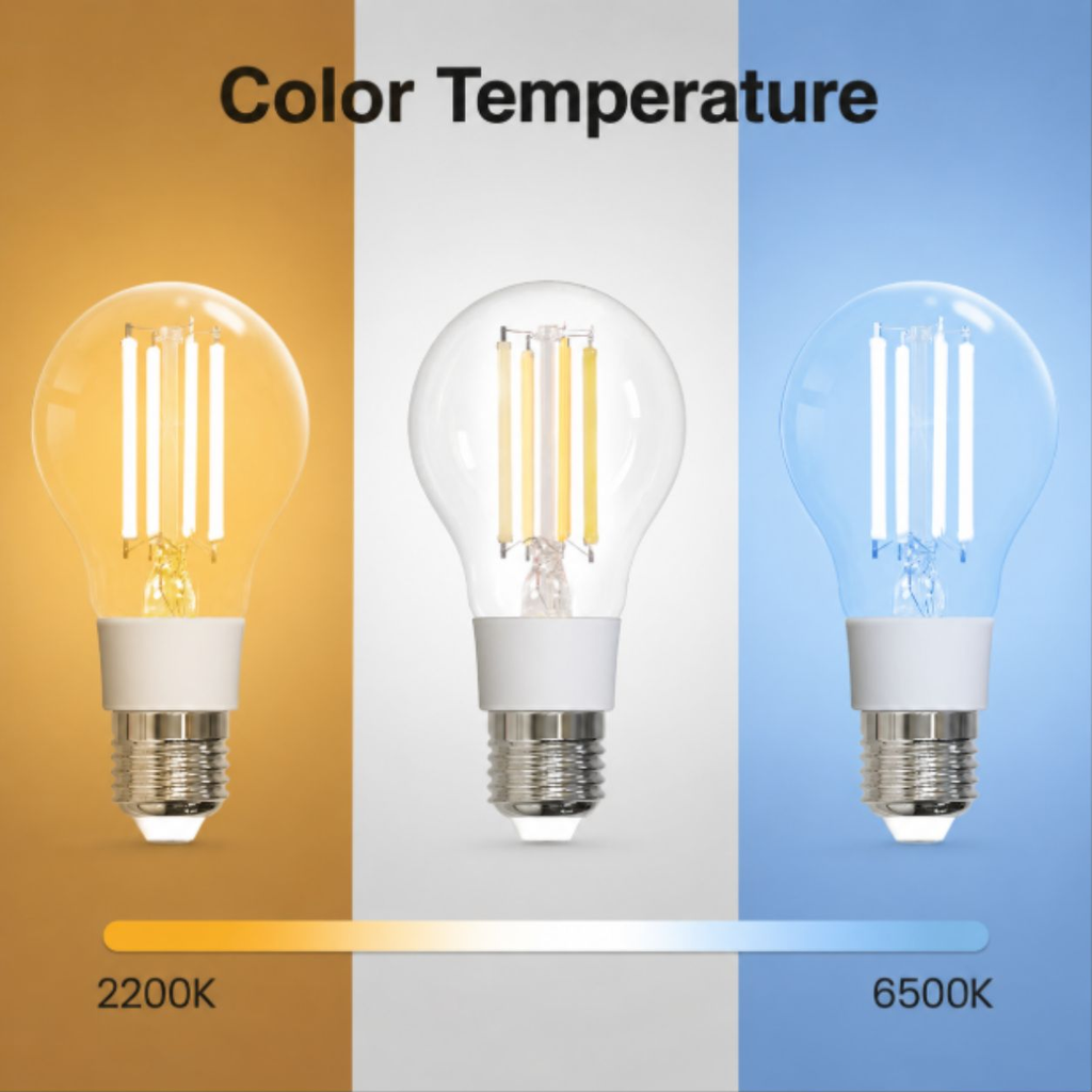 Color temperature range for E27 filament smart bulb from 2200K to 6500K