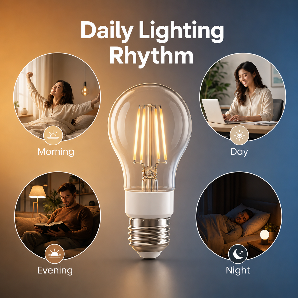 Daily lighting rhythm graphic for E27 filament smart bulb