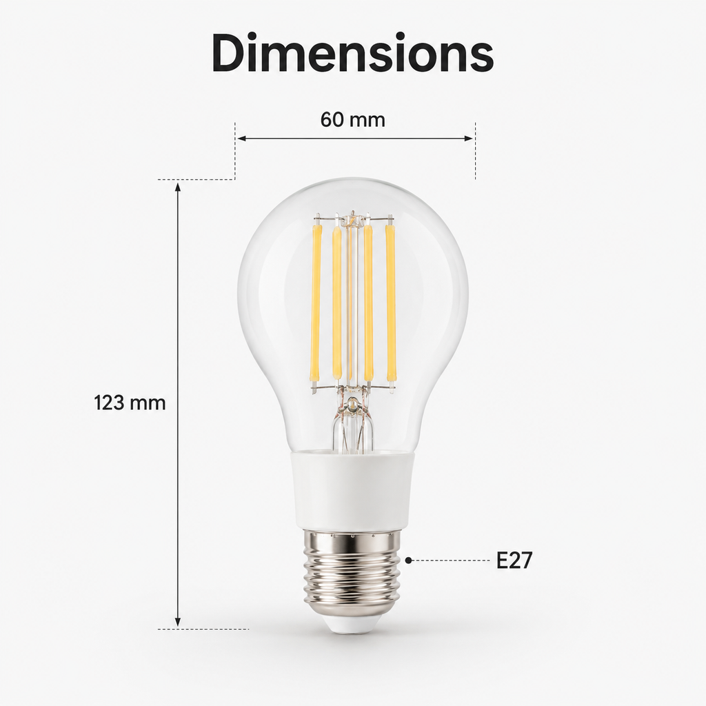 Dimensions diagram for E27 filament smart bulb showing 60 mm width and 123 mm height