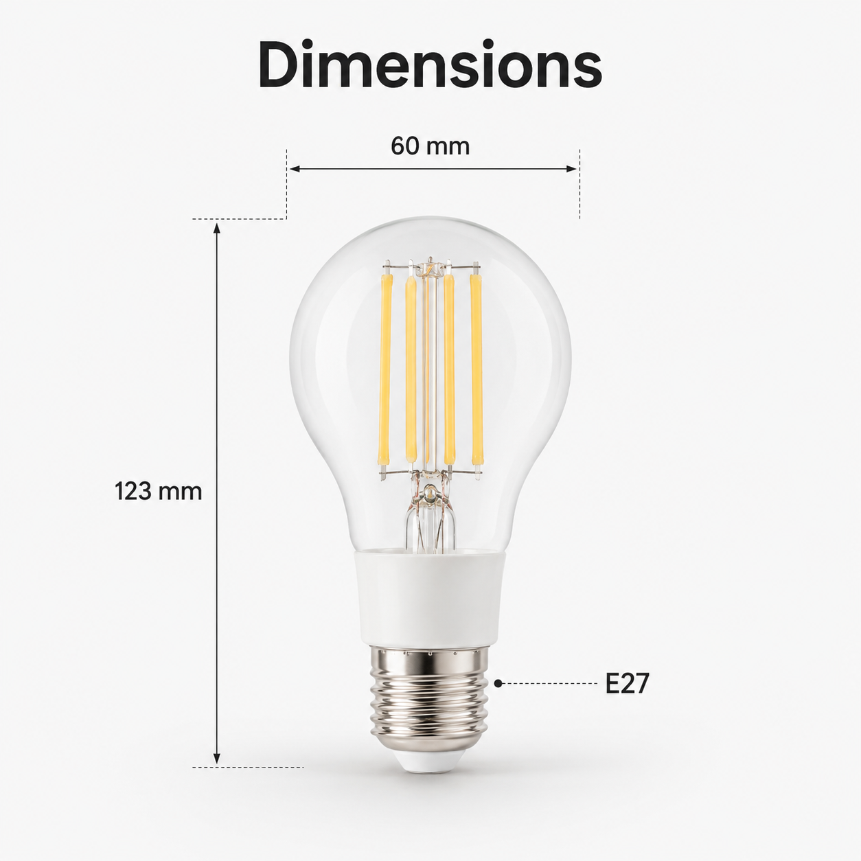 Dimensions diagram for E27 filament smart bulb showing 60 mm width and 123 mm height