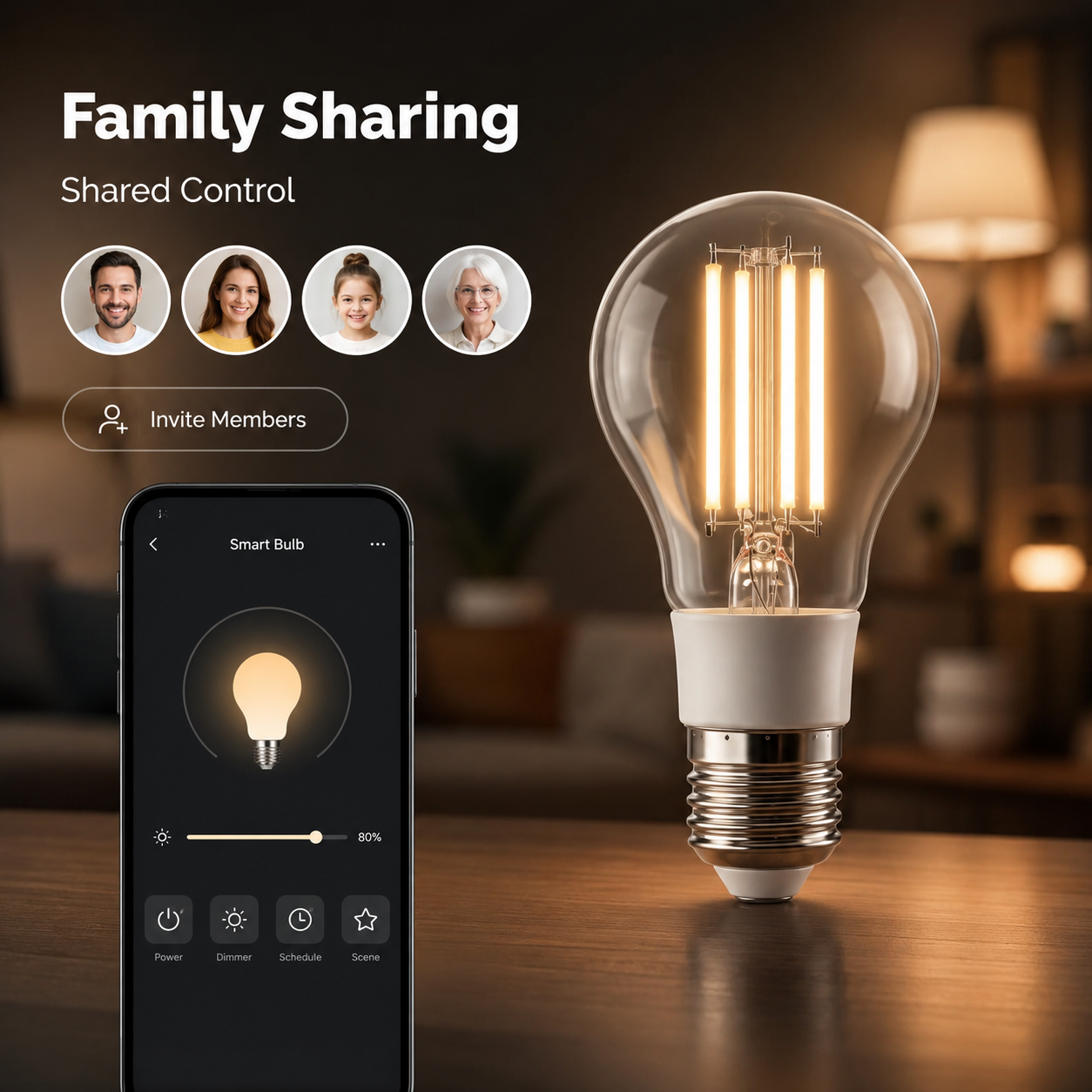 Family sharing control image for E27 filament smart bulb