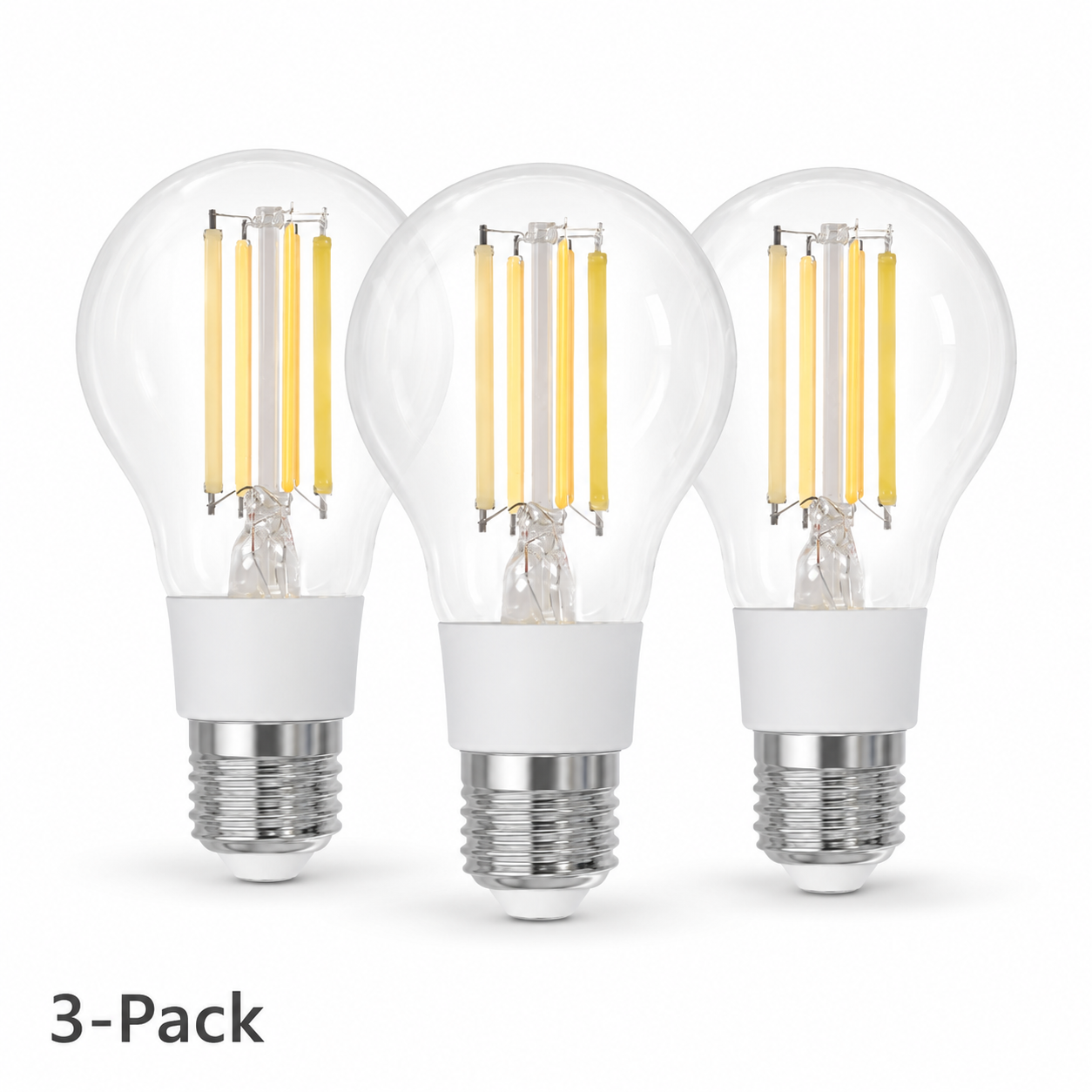 Studio packshot of three E27 filament smart bulbs