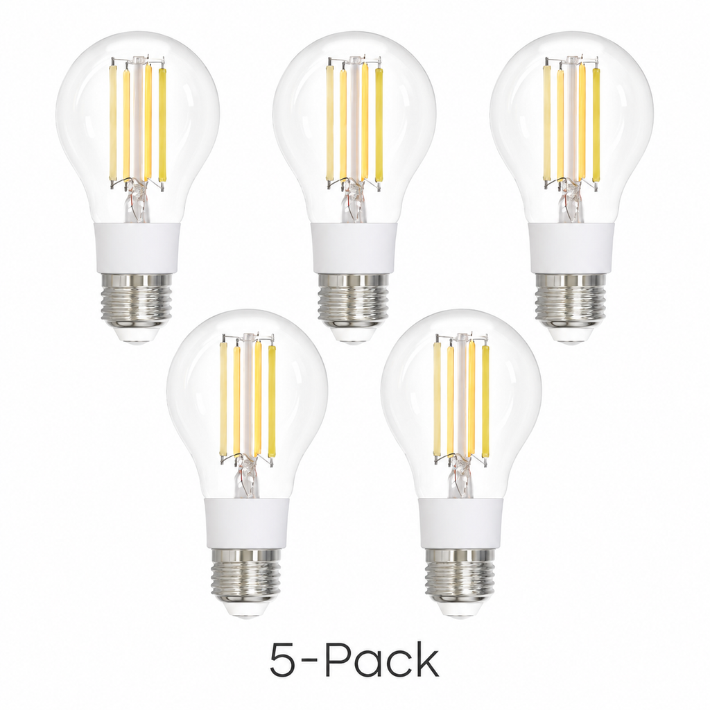 Studio packshot of five E27 filament smart bulbs