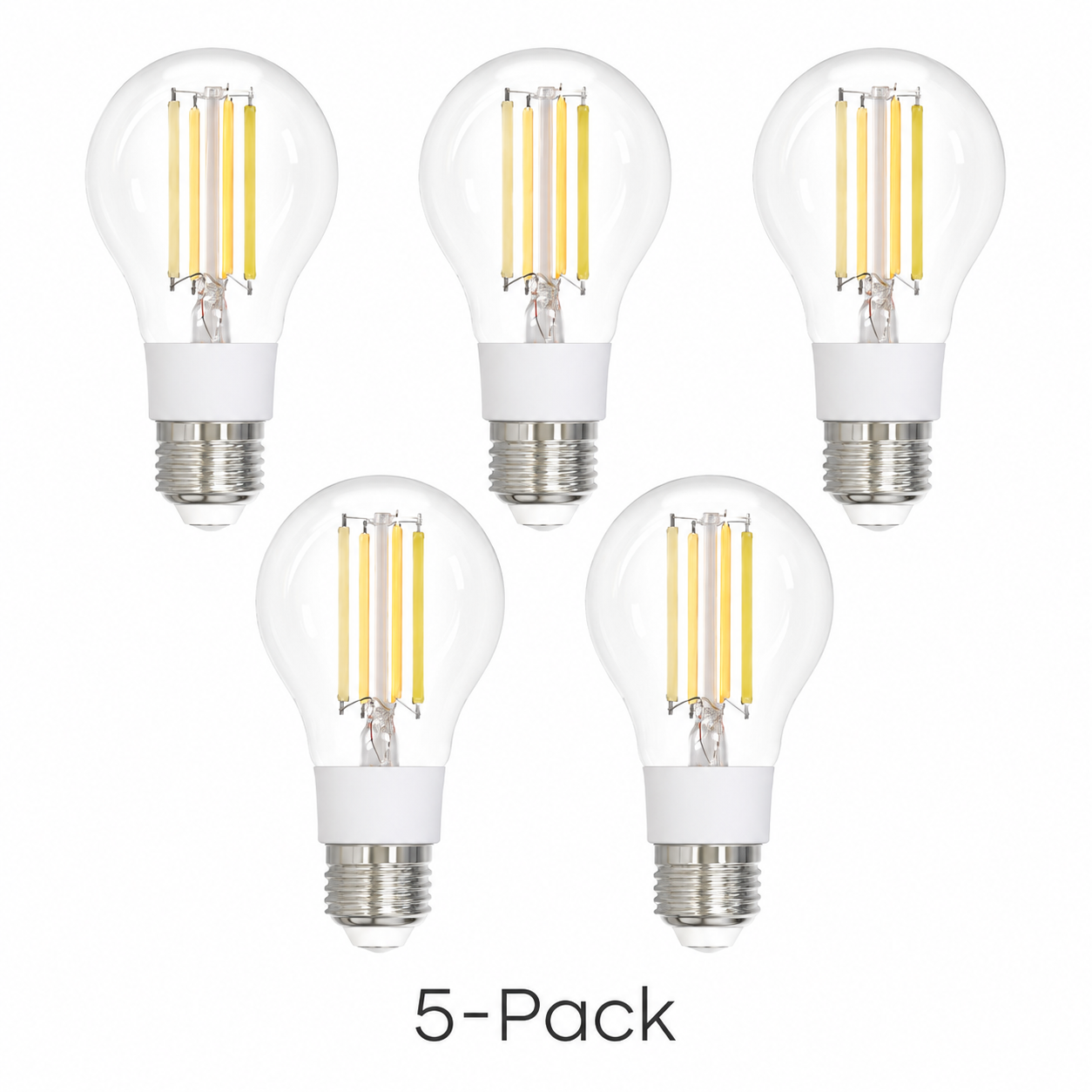 Studio packshot of five E27 filament smart bulbs