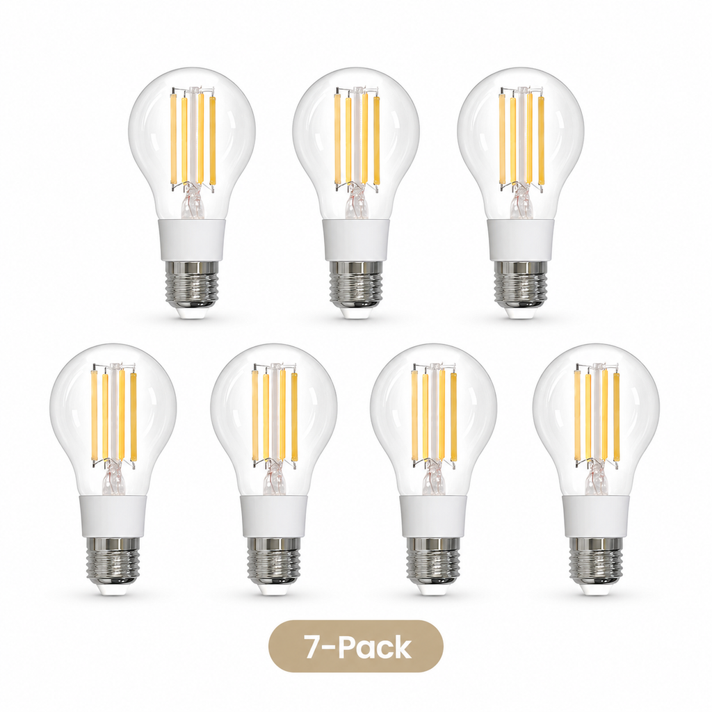Studio packshot of seven E27 filament smart bulbs