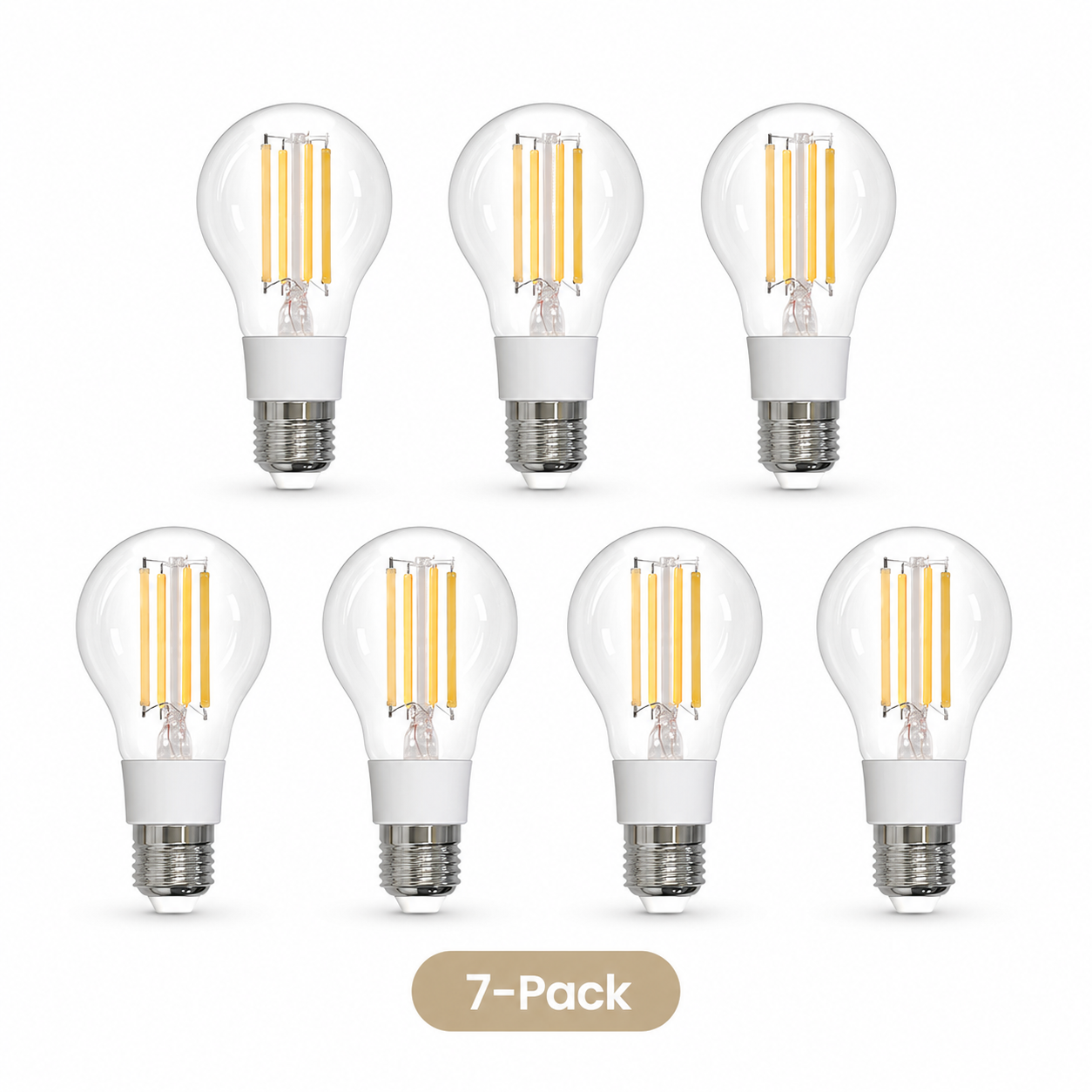 Studio packshot of seven E27 filament smart bulbs
