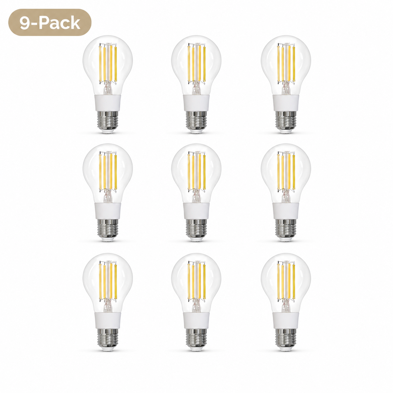 Studio packshot of nine E27 filament smart bulbs