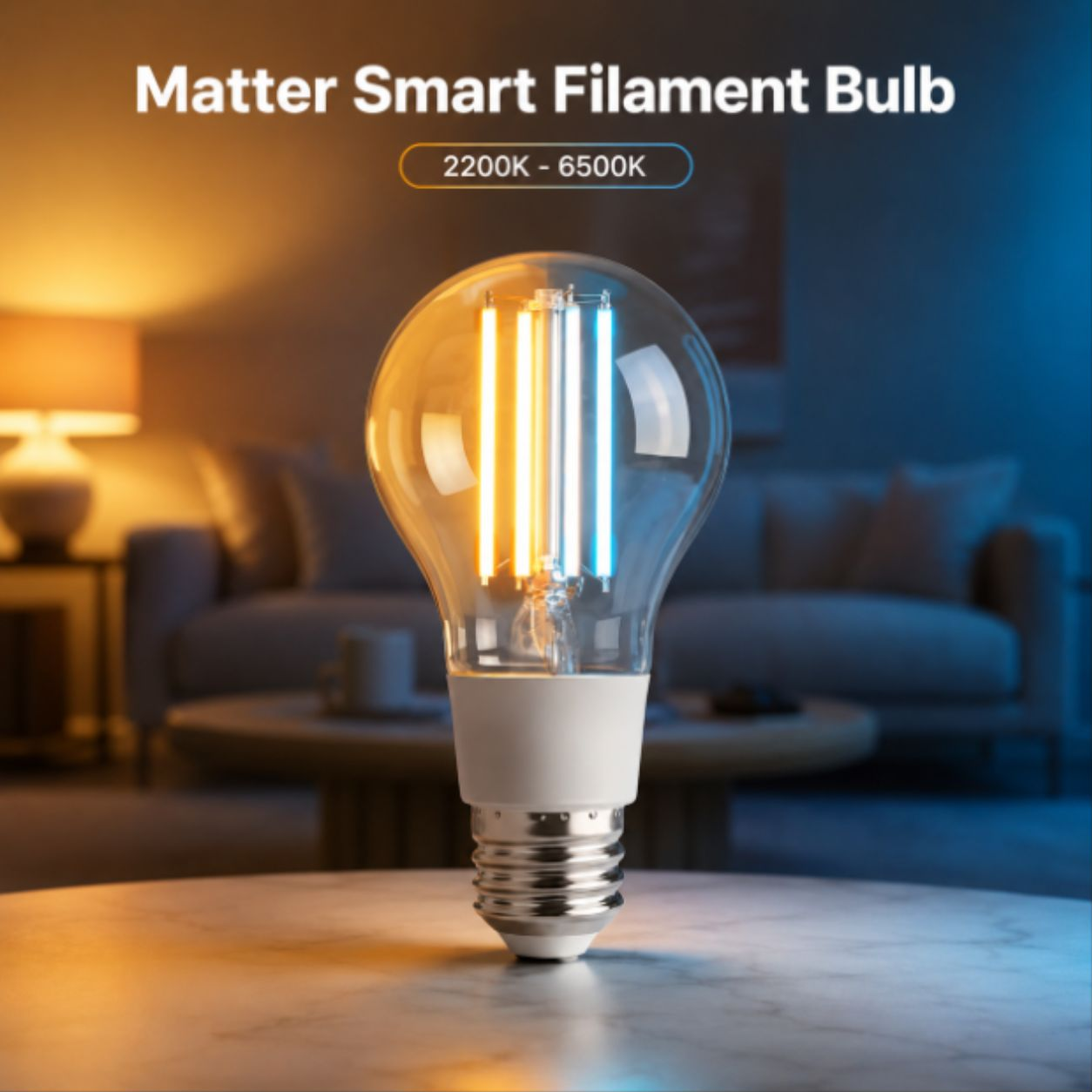 Lifestyle image of Matter E27 filament smart bulb with warm and cool lighting