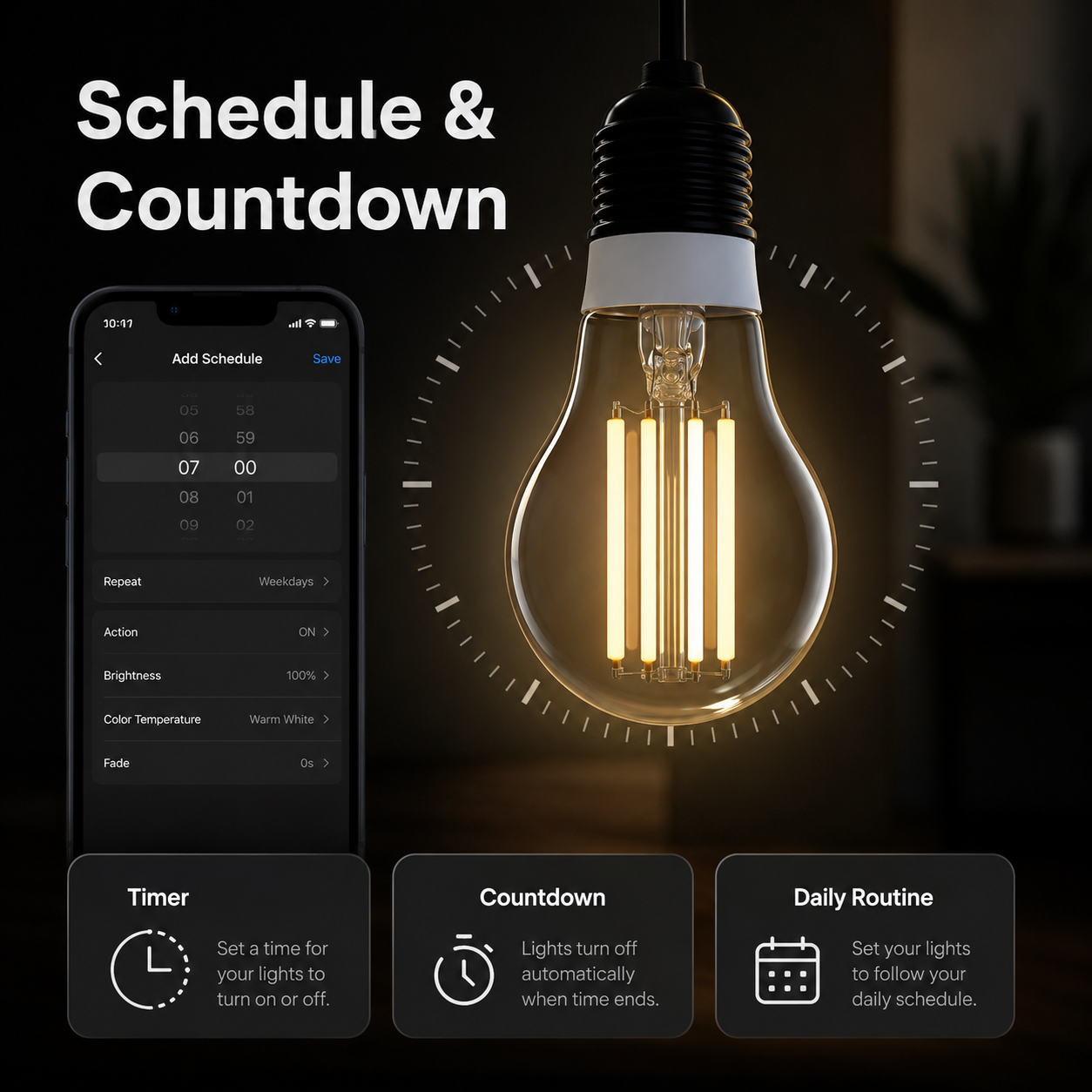 Schedule and countdown control graphic for E27 filament smart bulb