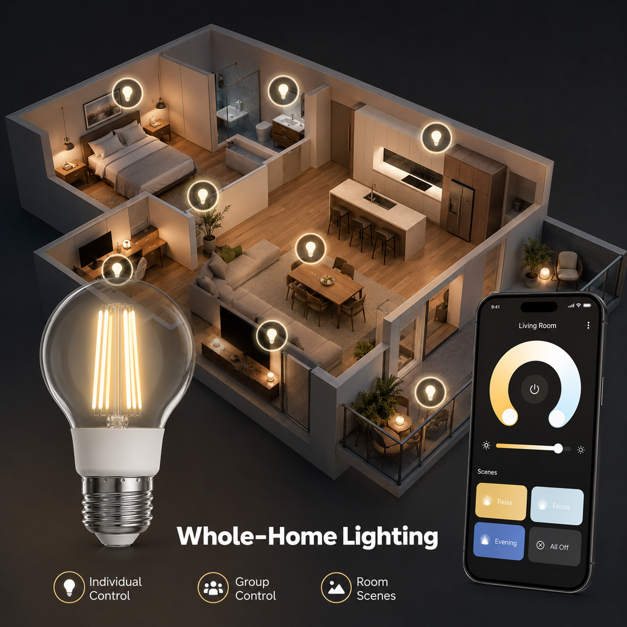 Whole-home lighting control image for E27 filament smart bulb