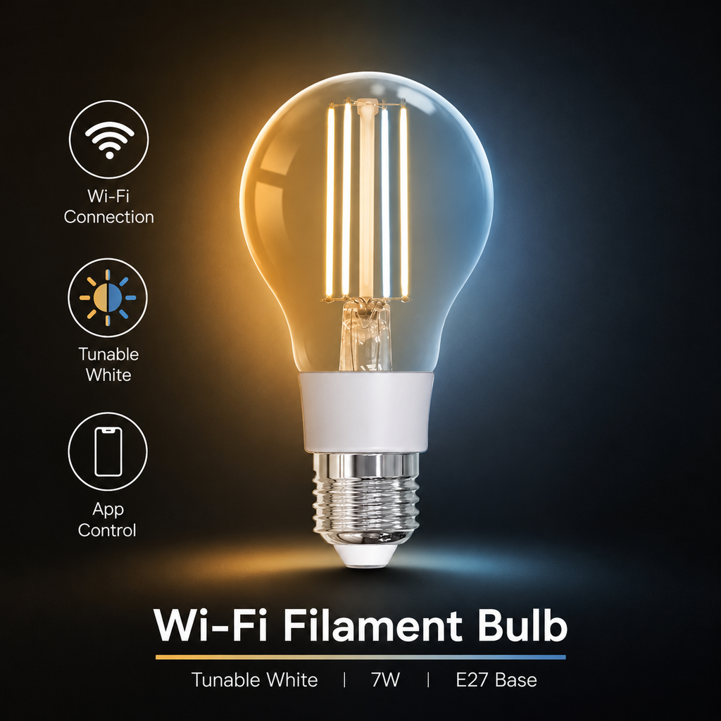 Alternate studio packshot of Wi-Fi filament E27 tunable white bulb