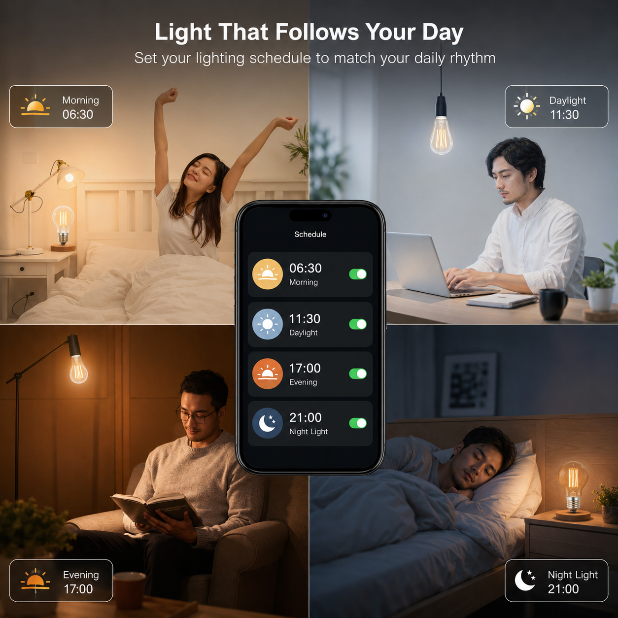 Daily lighting schedule scene for tunable white filament bulb