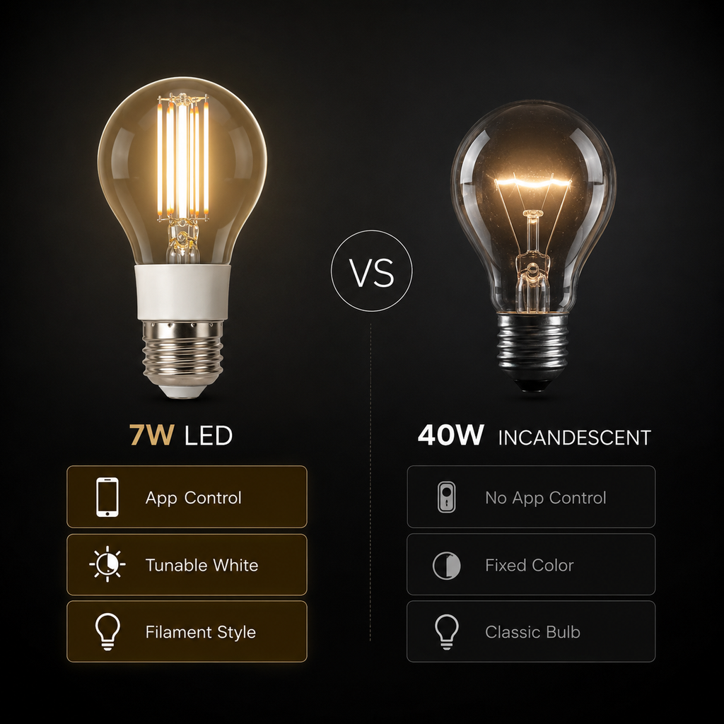 Neutral comparison of 7W LED filament bulb and incandescent bulb