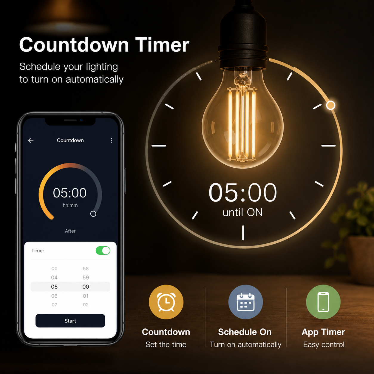 Countdown timer and schedule feature for smart filament bulb