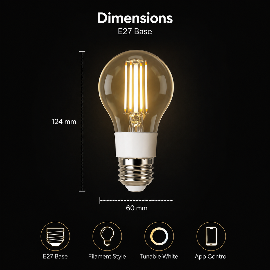 Clean dimensions diagram for NeoLight Filament E27 Wi-Fi bulb