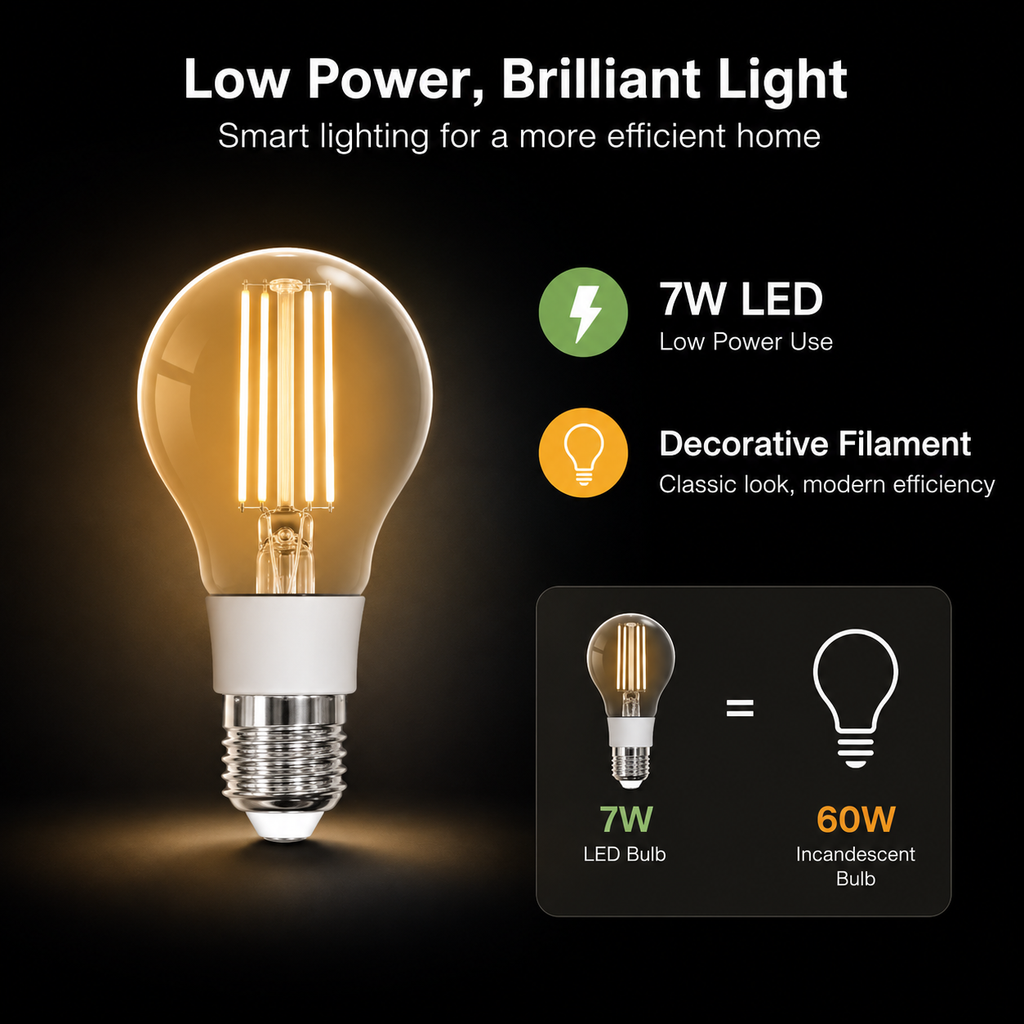 Neutral 7W LED energy use feature for decorative filament bulb