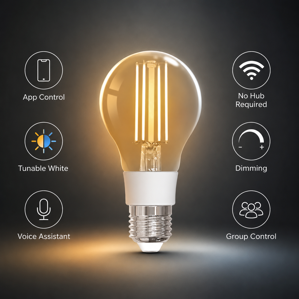 Feature overview for E27 Wi-Fi filament bulb with app control and tunable white