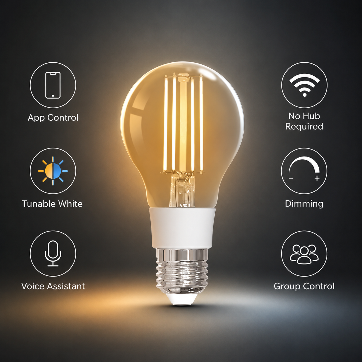 Feature overview for E27 Wi-Fi filament bulb with app control and tunable white