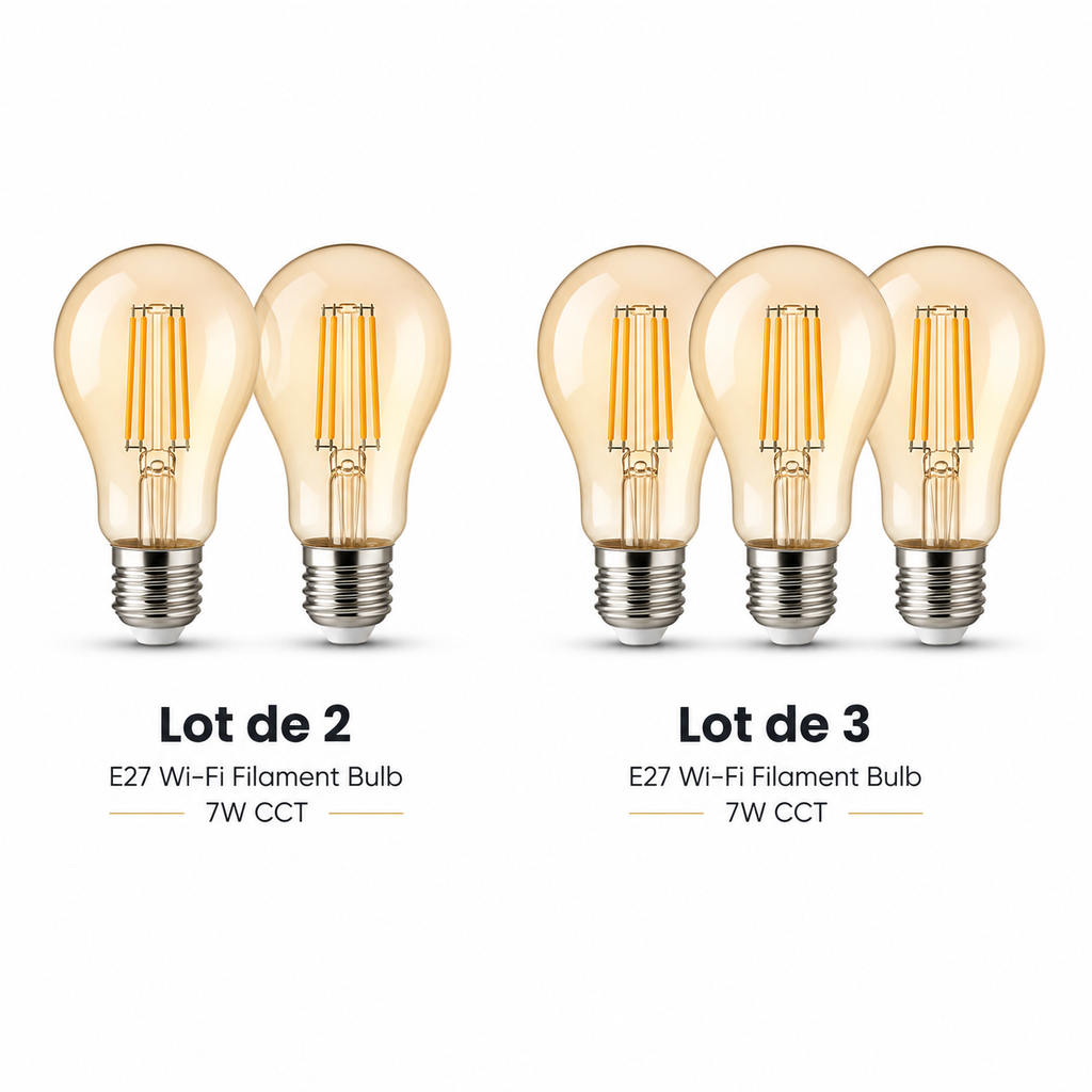 Lot de 2 and Lot de 3 studio packshots of E27 Wi-Fi filament bulbs