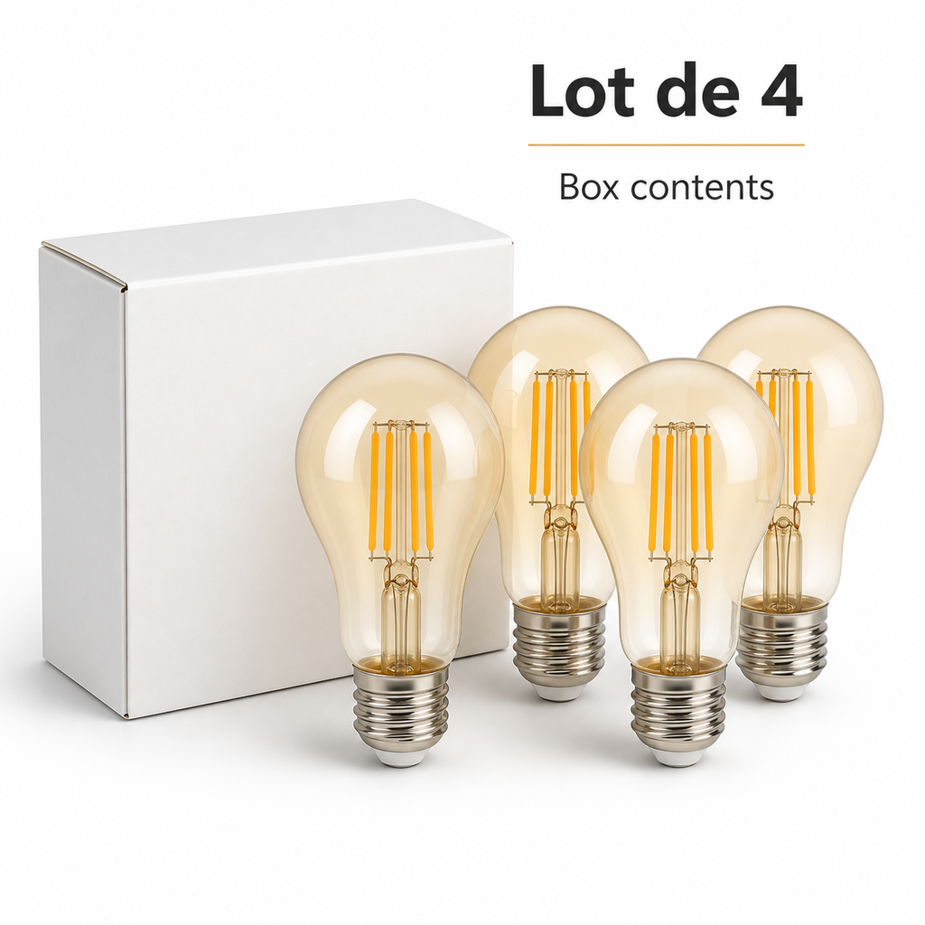 Lot de 4 box contents packshot of E27 Wi-Fi filament bulbs