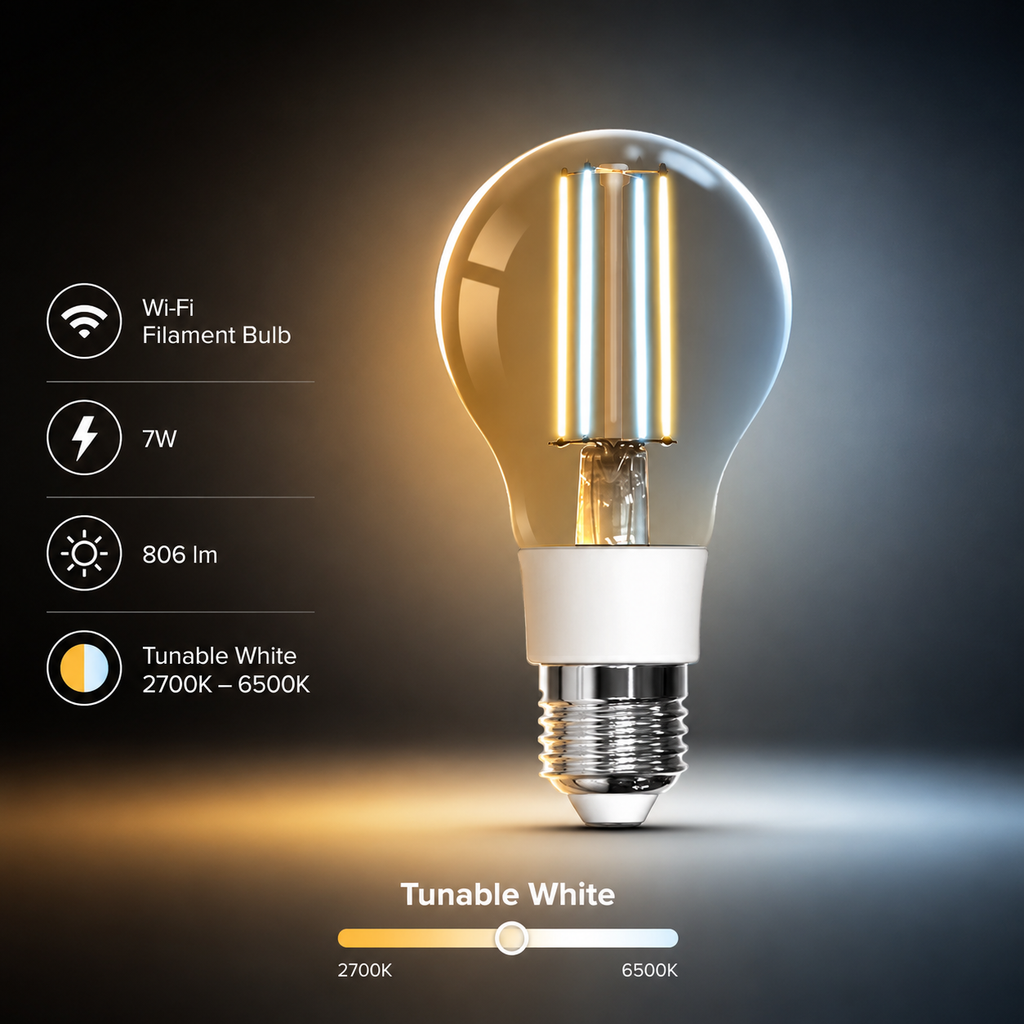 Studio packshot of NeoLight Filament E27 Wi-Fi Comfort 7W tunable white bulb
