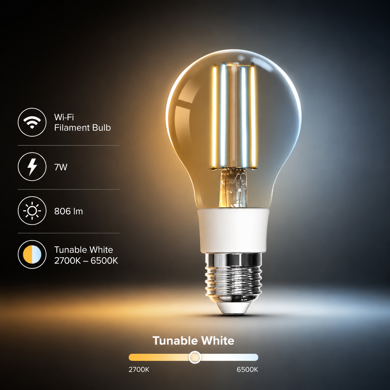 Studio packshot of NeoLight Filament E27 Wi-Fi Comfort 7W tunable white bulb