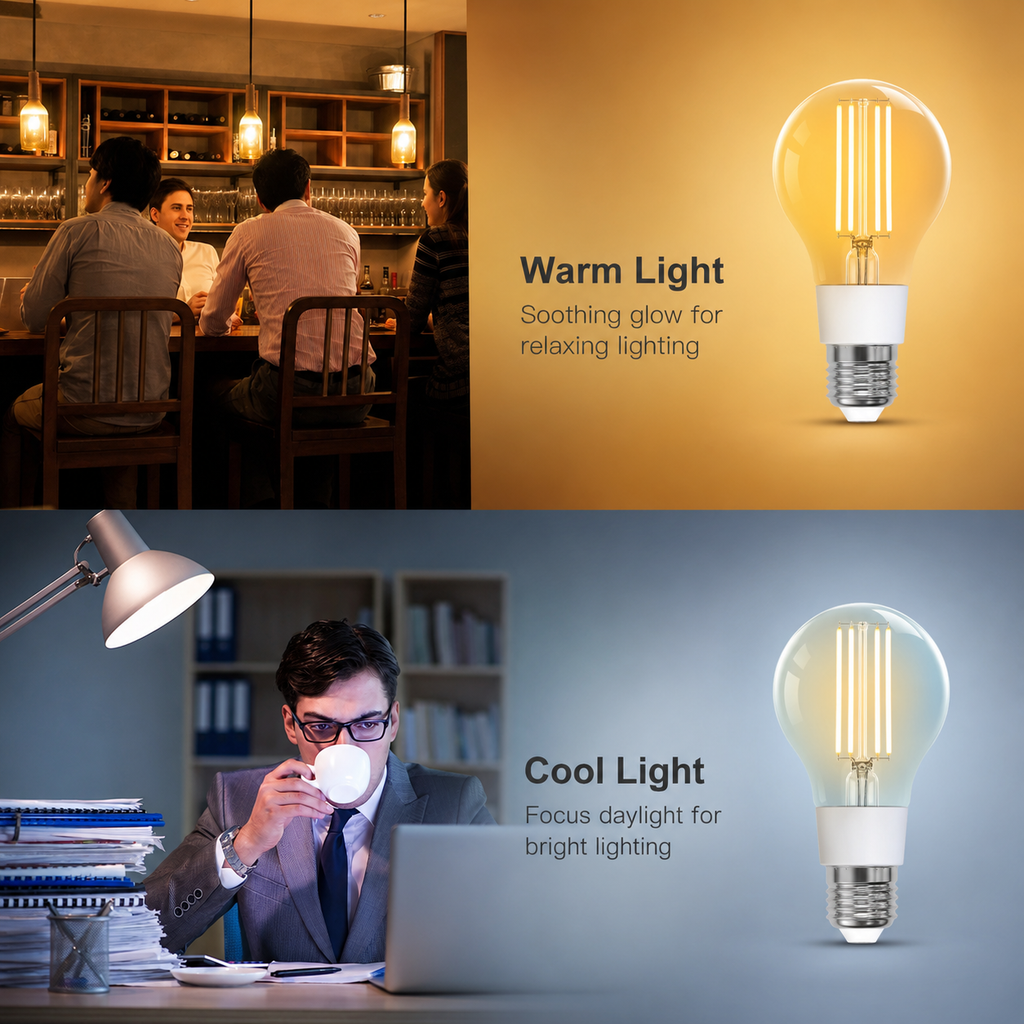 Warm and cool white lighting scenes for E27 filament smart bulb
