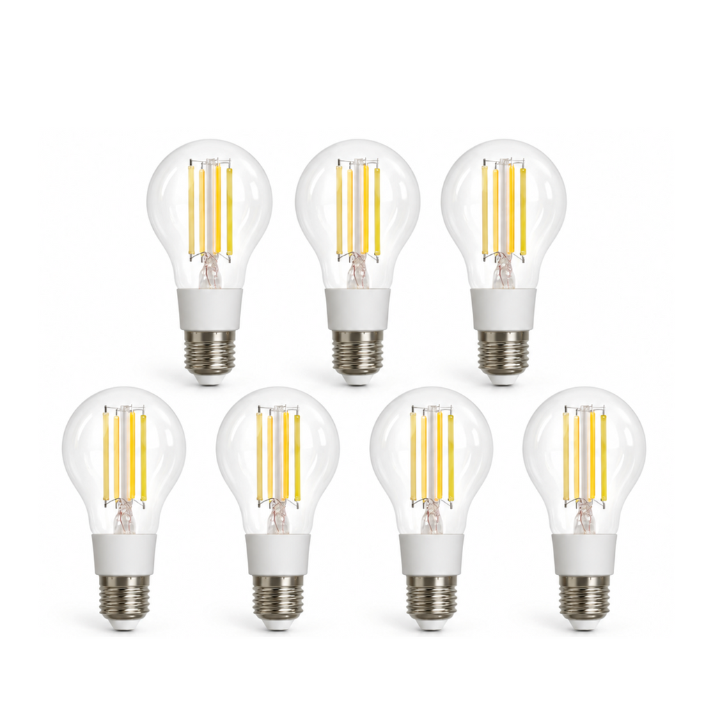 Lot de 7 ampoules LED E27 Matter filament sur fond blanc
