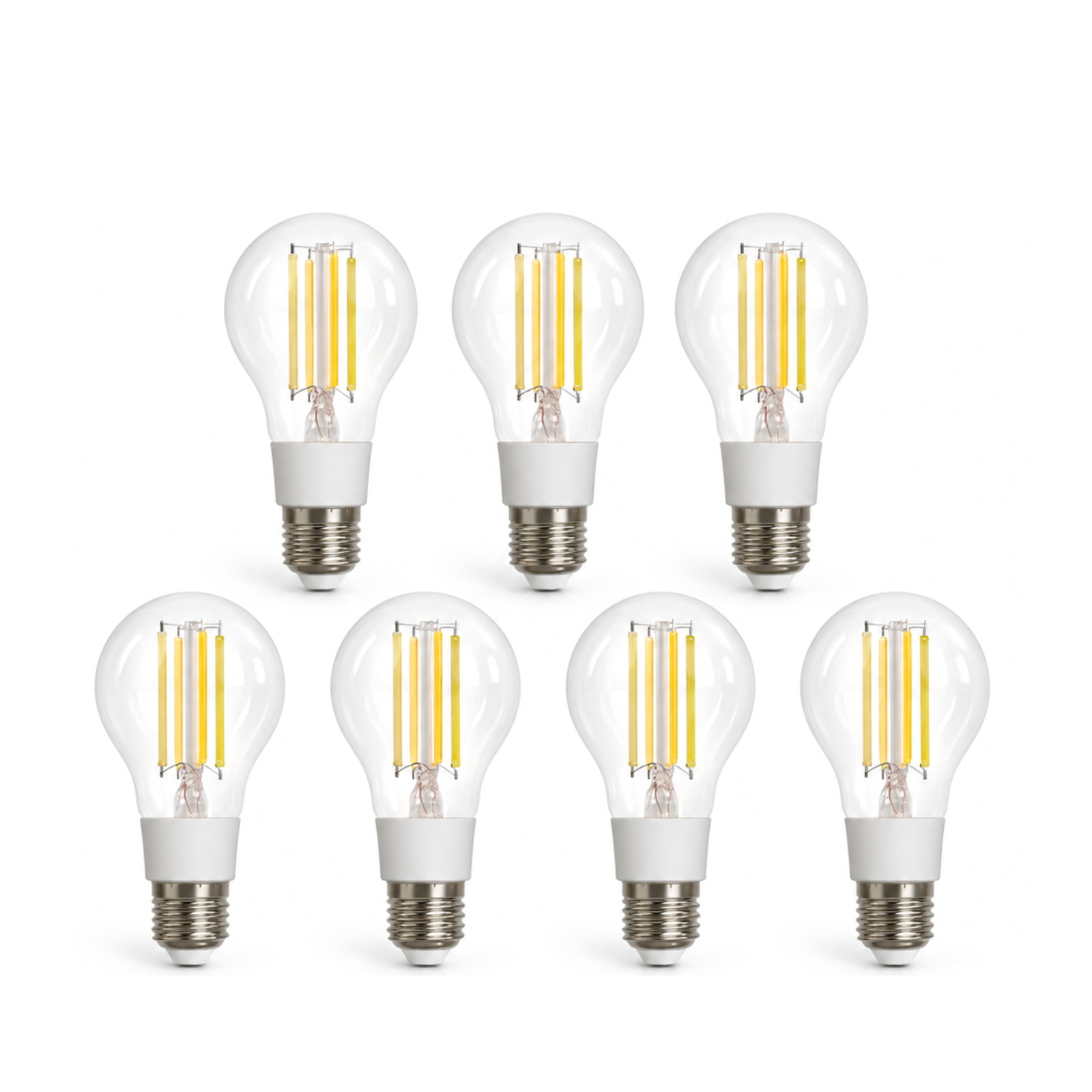 Lot de 7 ampoules LED E27 Matter filament sur fond blanc