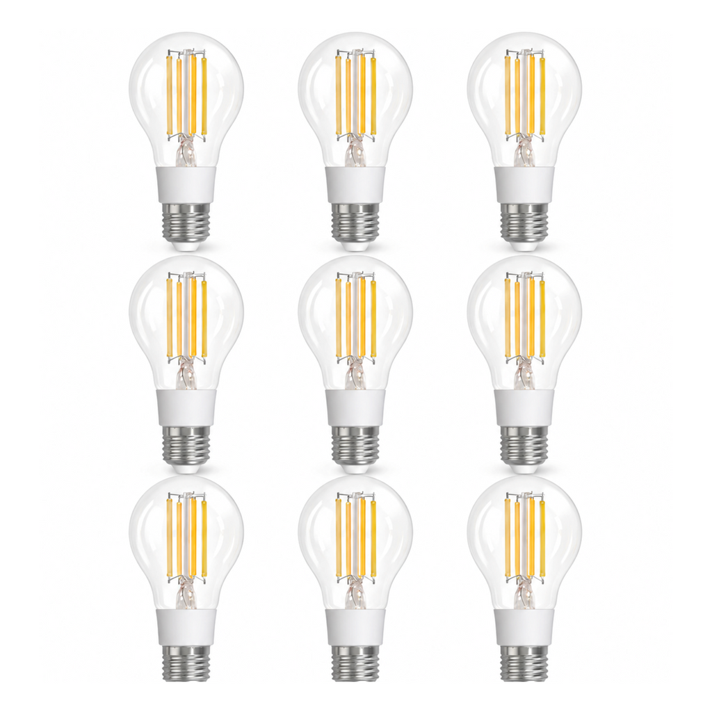 Lot de 9 ampoules LED E27 Matter filament sur fond blanc