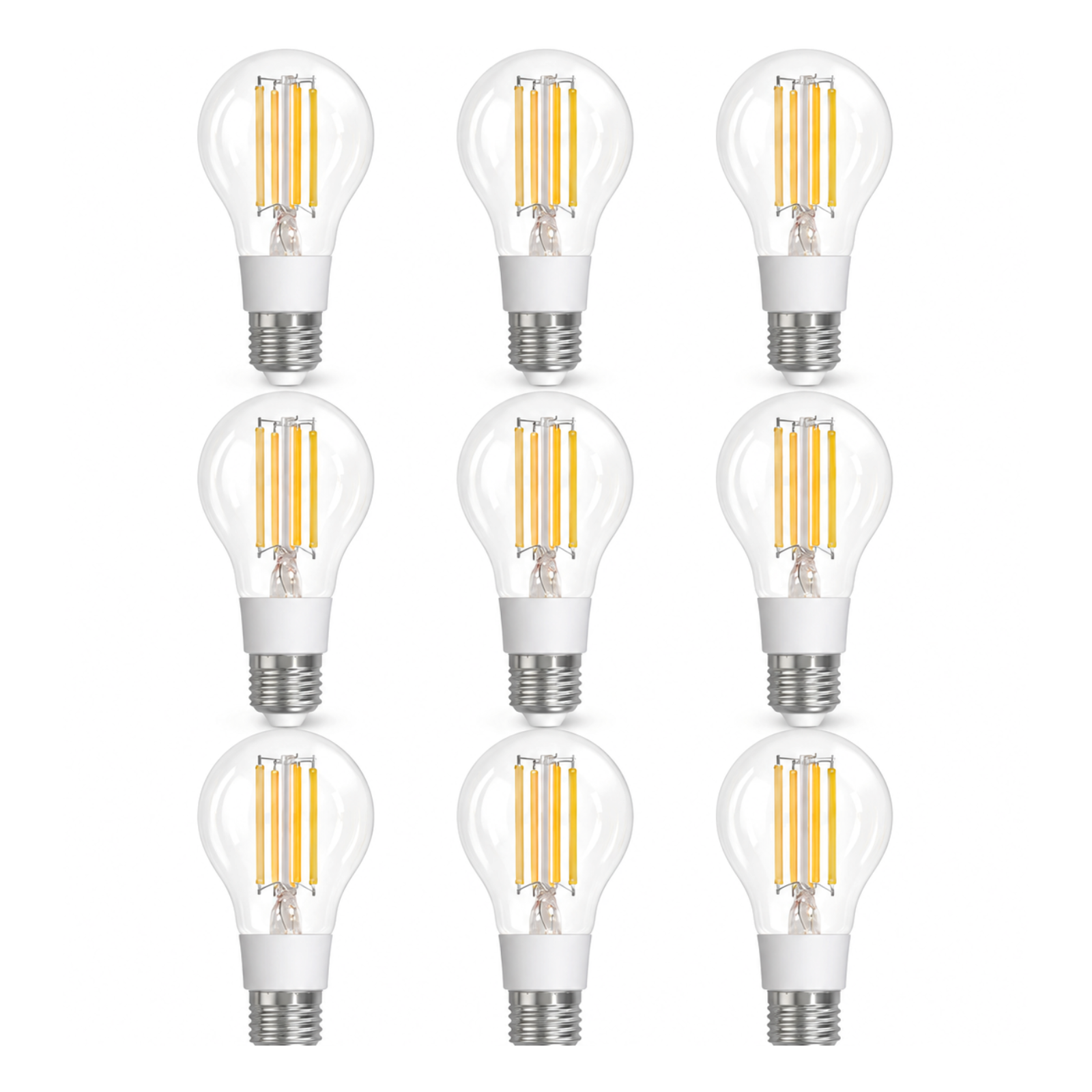 Lot de 9 ampoules LED E27 Matter filament sur fond blanc