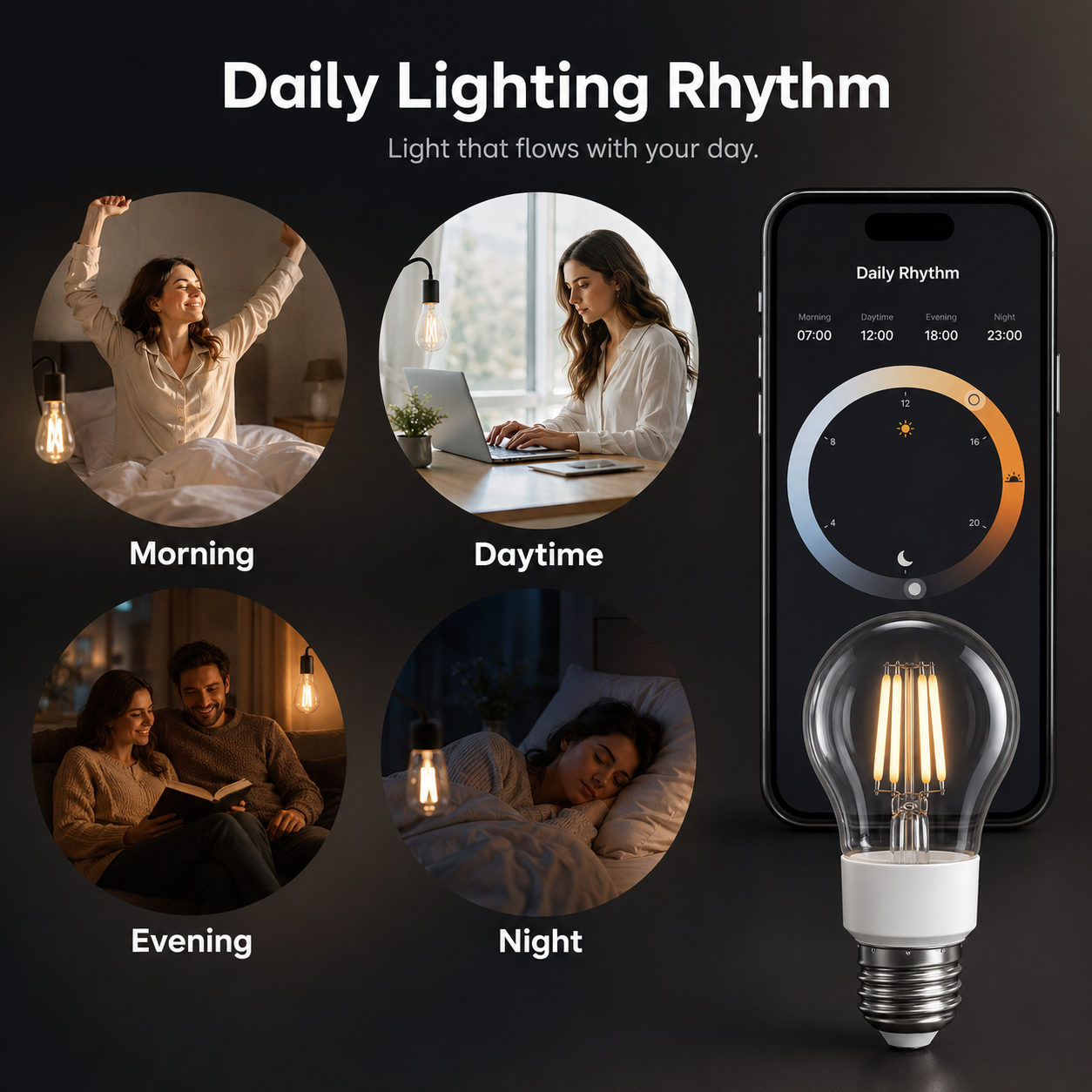 Daily lighting rhythm visual for Matter filament smart bulb