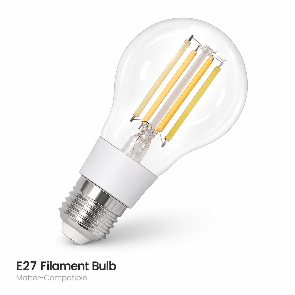 Studio packshot of E27 Matter filament LED smart bulb