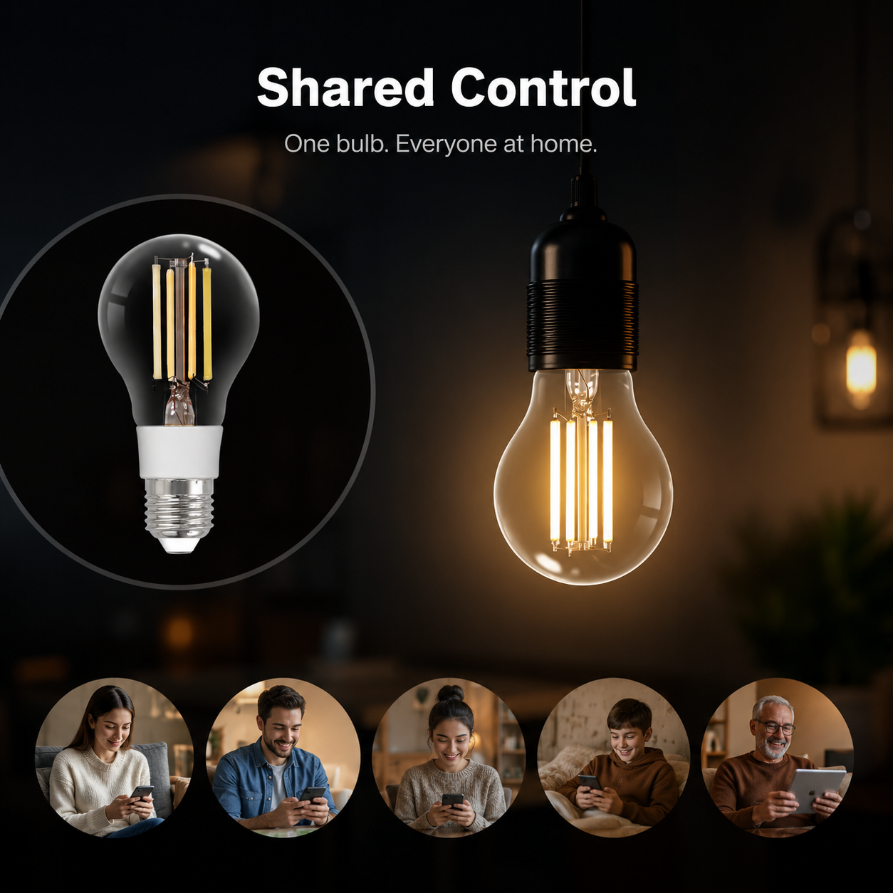 Family access sharing visual for filament smart bulb control