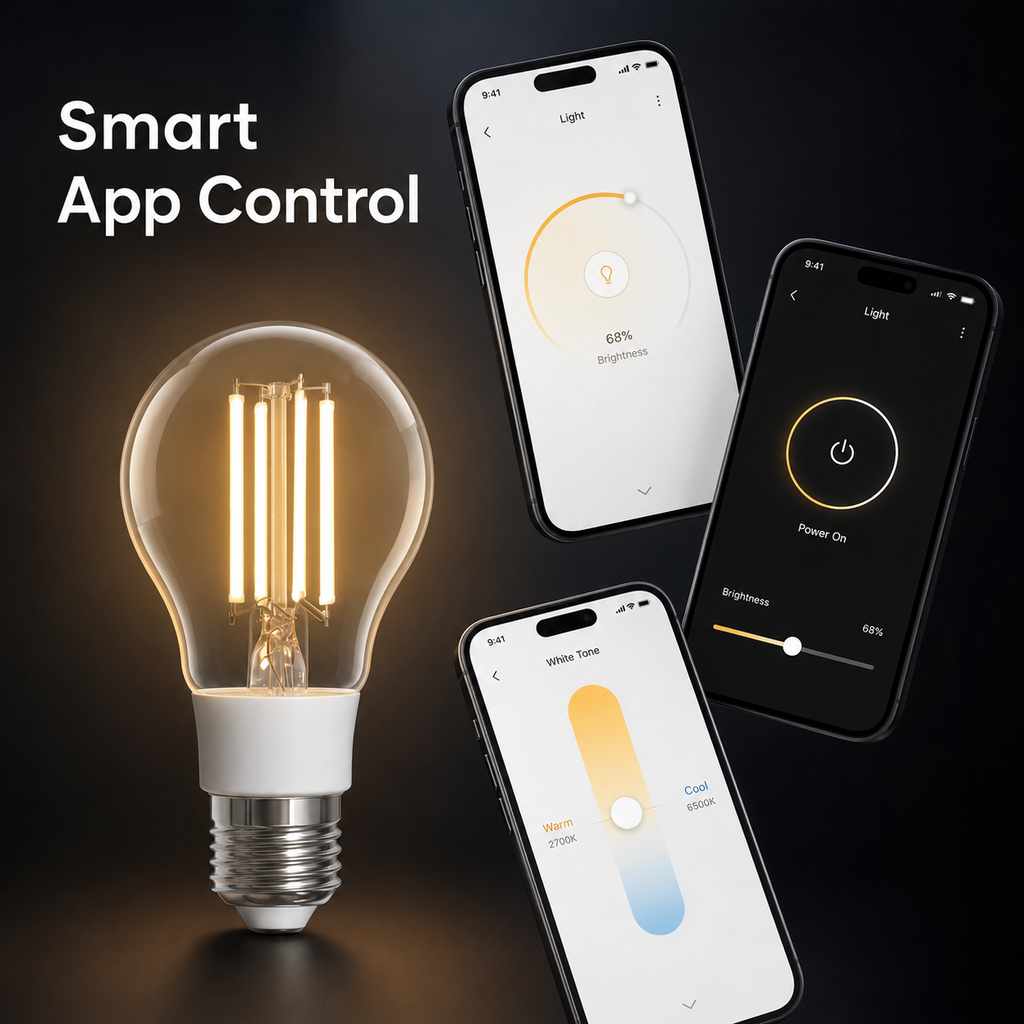 Matter-compatible app control visual for E27 filament bulb