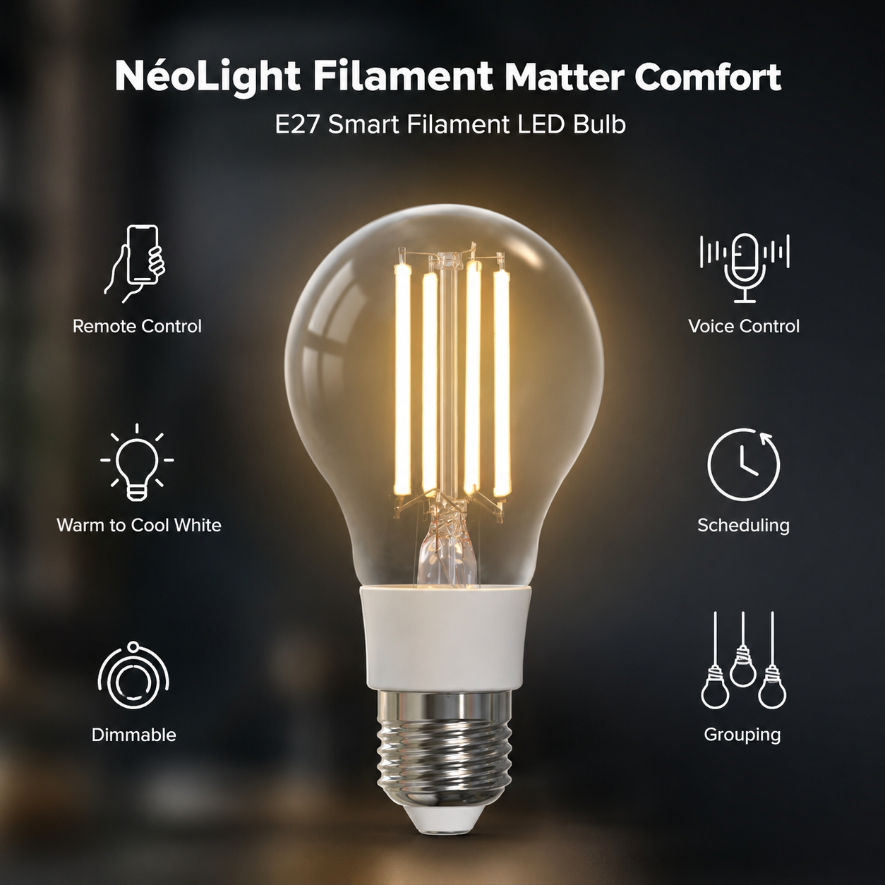 Multifunction feature overview for E27 Matter filament bulb