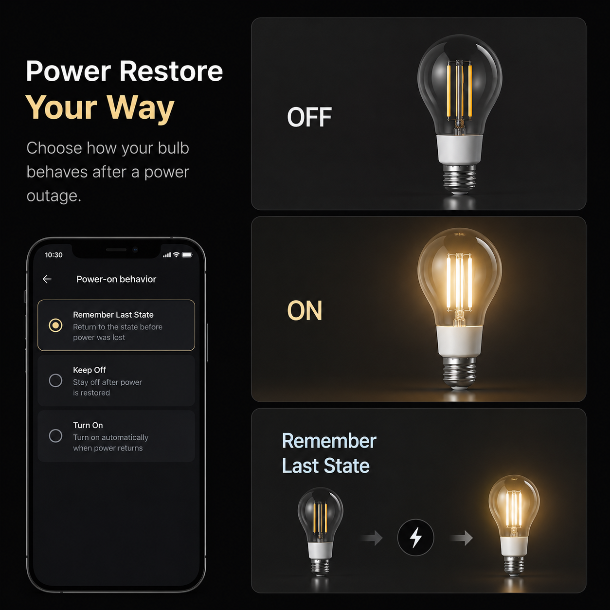 Power restore status visual for E27 smart filament bulb
