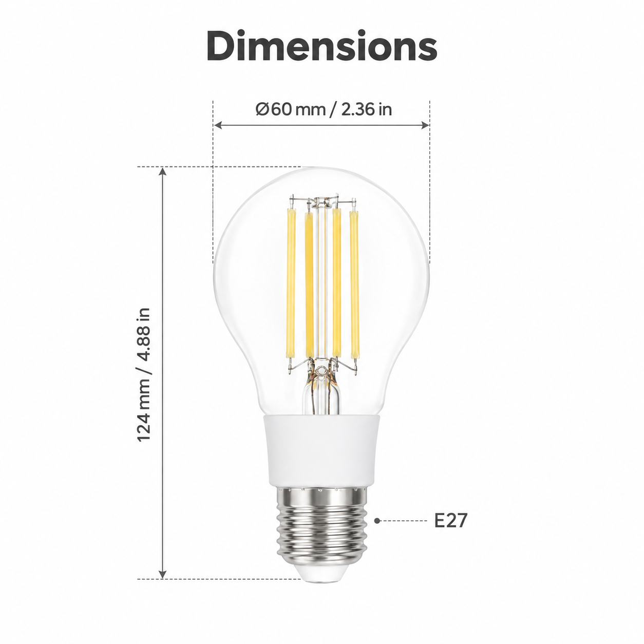 Dimensions diagram for E27 filament LED smart bulb