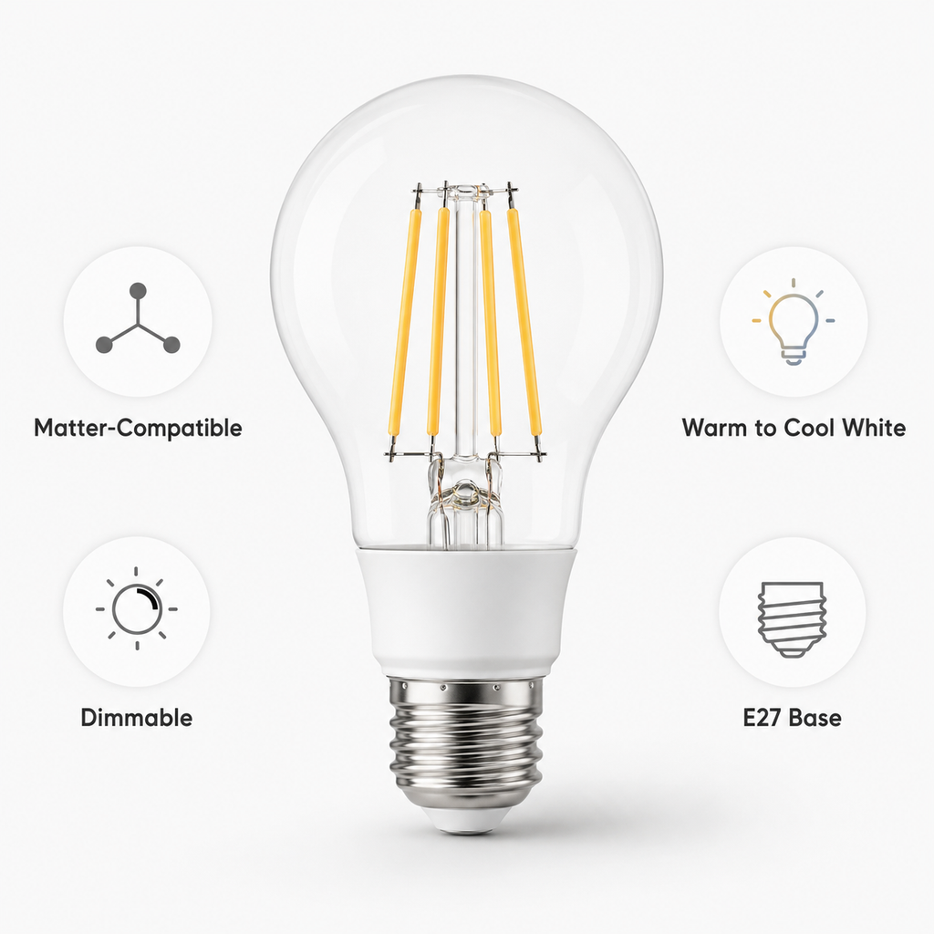 Product highlights visual for E27 Matter filament smart bulb