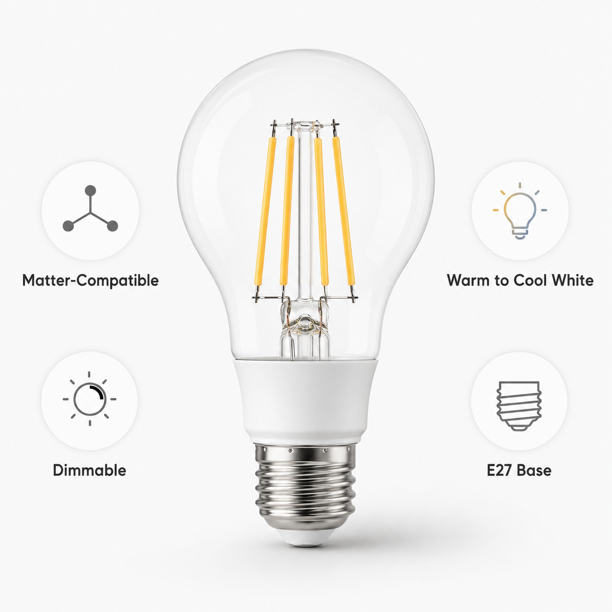 Product highlights visual for E27 Matter filament smart bulb