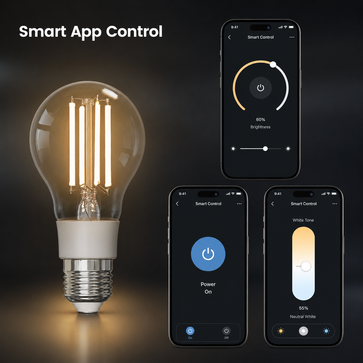 Smart home app control visual for Matter filament bulb