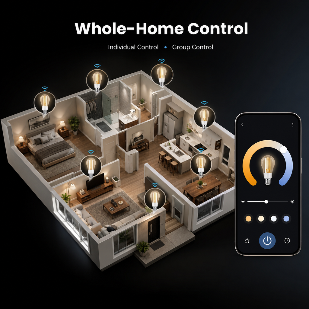 Whole home bulb control visual for Matter filament bulbs