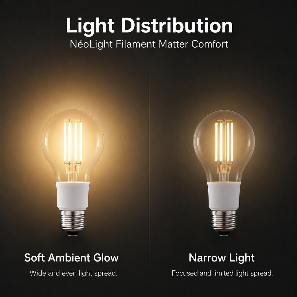 Wide angle warm glow visual for clear filament bulb