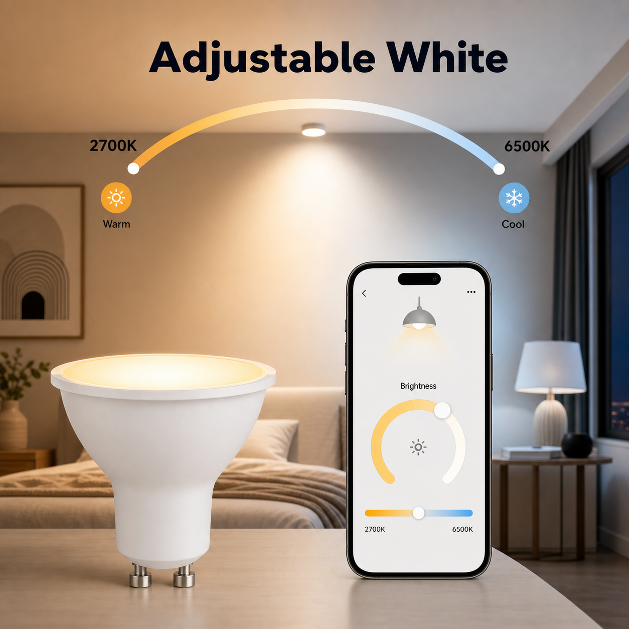 Adjustable white temperature and brightness control for GU10 bulb