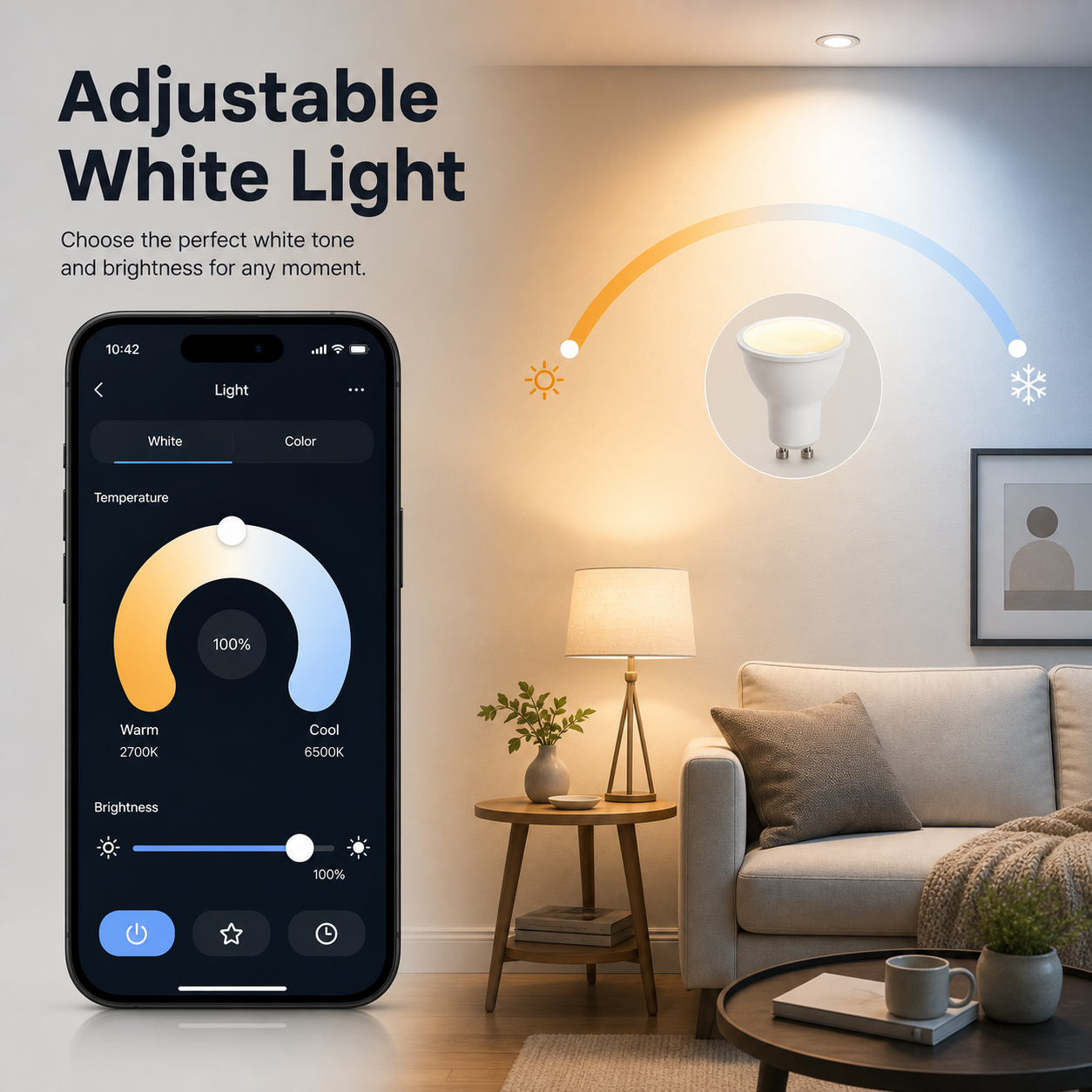 Adjustable warm and cool white lighting for GU10 smart bulb