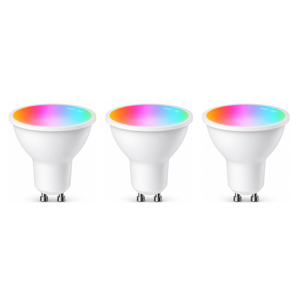 Lot de 3 ampoules LED GU10 Wi-Fi Matter RGB+CCT sur fond blanc studio