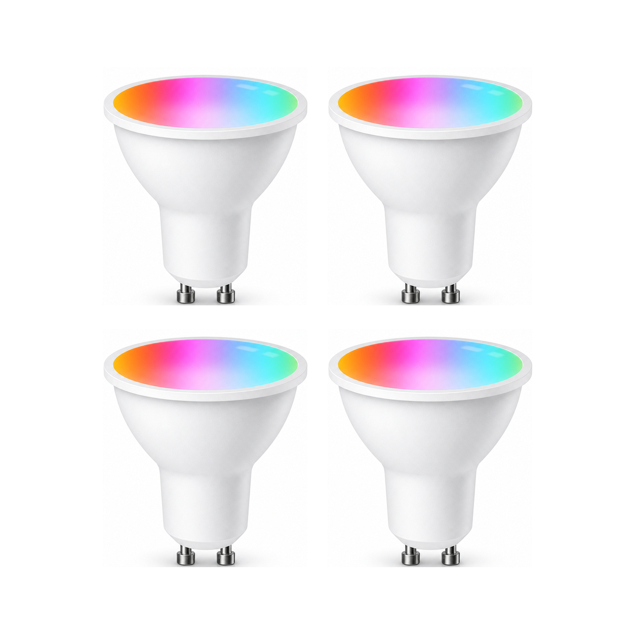 Lot de 4 ampoules LED GU10 Wi-Fi Matter RGB+CCT sur fond blanc studio
