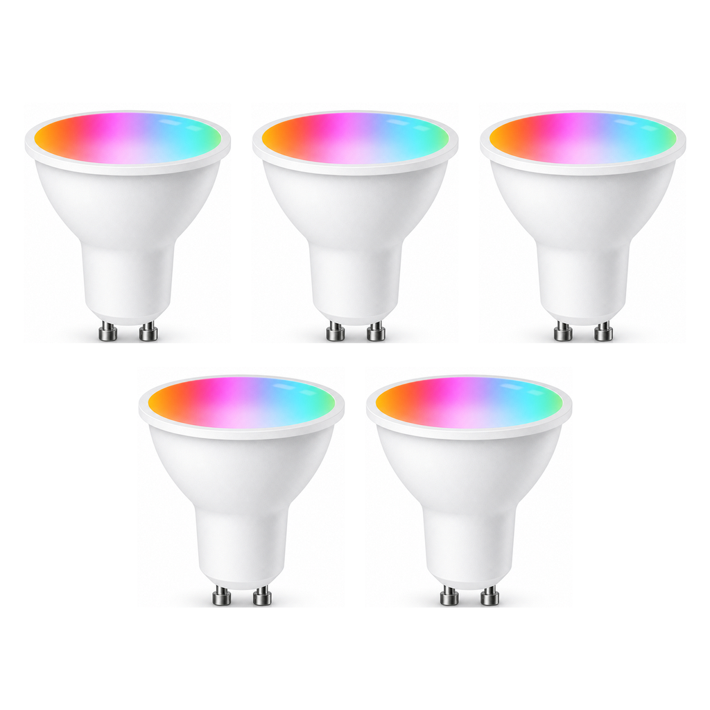 Lot de 5 ampoules LED GU10 Wi-Fi Matter RGB+CCT sur fond blanc studio